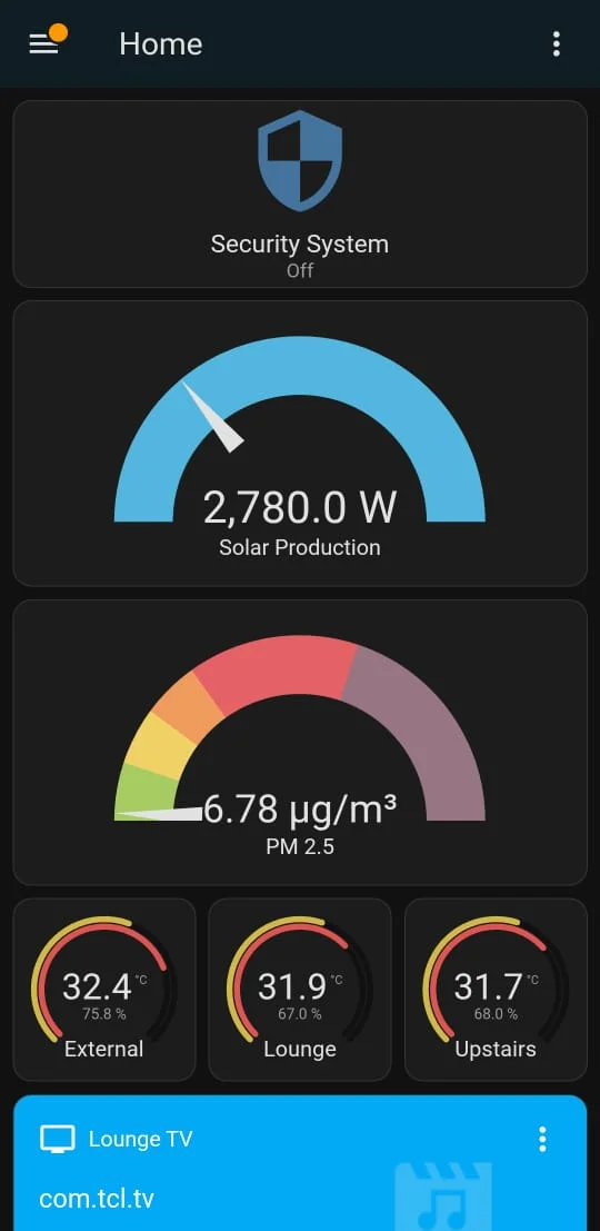 HomeHaven mobile app: security system, solar output, air quality and room temperatures