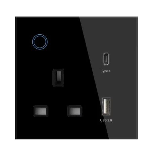 Black glass socket, With USB-A and USB-C